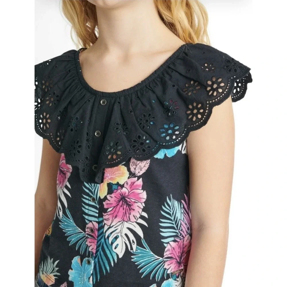 Justice Ruffle Neckline Tank Girls Medium 10 Tropical Black Multicolored Floral